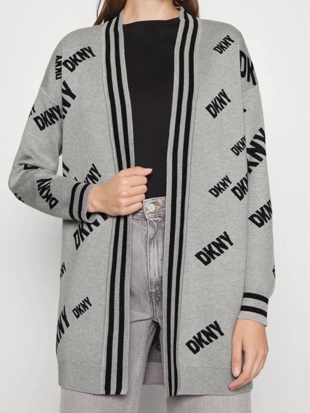 DKNY Logo Open-Front Gray and Black Cardigan - Size Extra Small